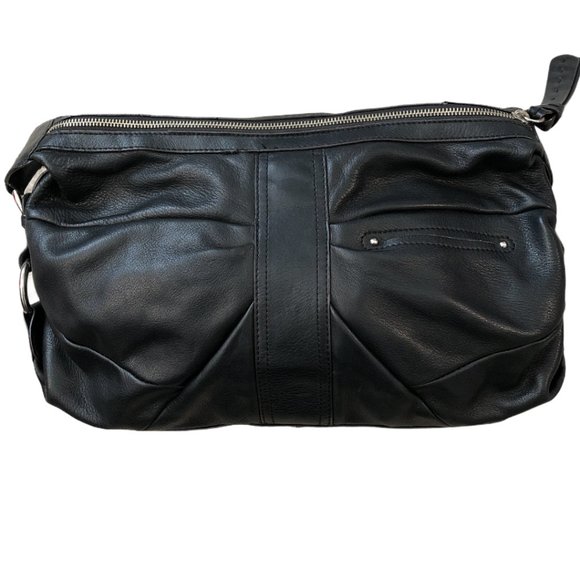 B Makowsky Black Leather Front Buckle Hobo Satchel - Picture 2 of 5